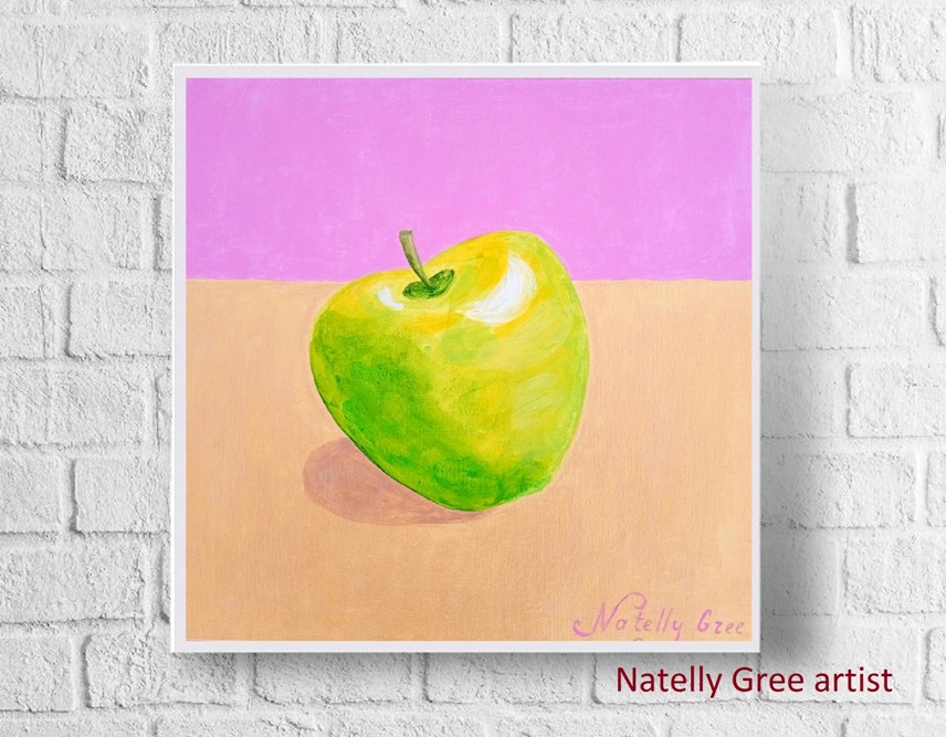 Green Apple Canvas Painting The Apple on Gold , Fruit Contemporary Art