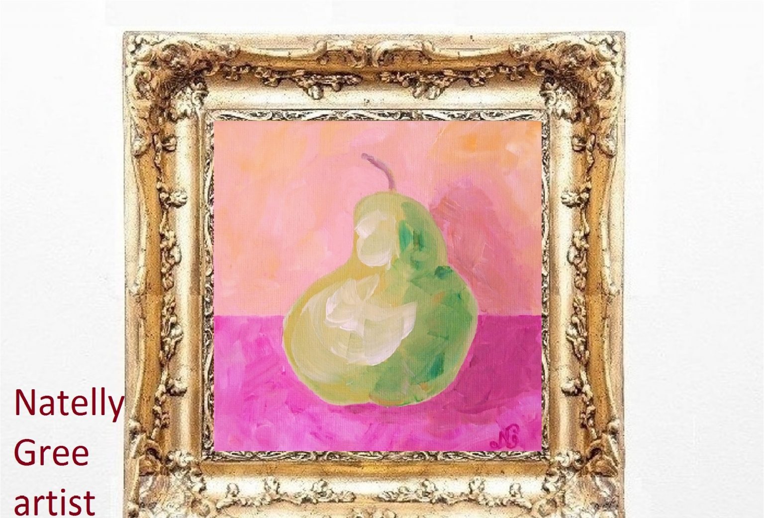 Pear Oil Painting Canvas Small Still Life Original Art Green Yellow Pear