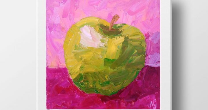 Green Apple Oil Painting Fruit Original Art Small Wall Art Canvas Textured Apple Impasto Art