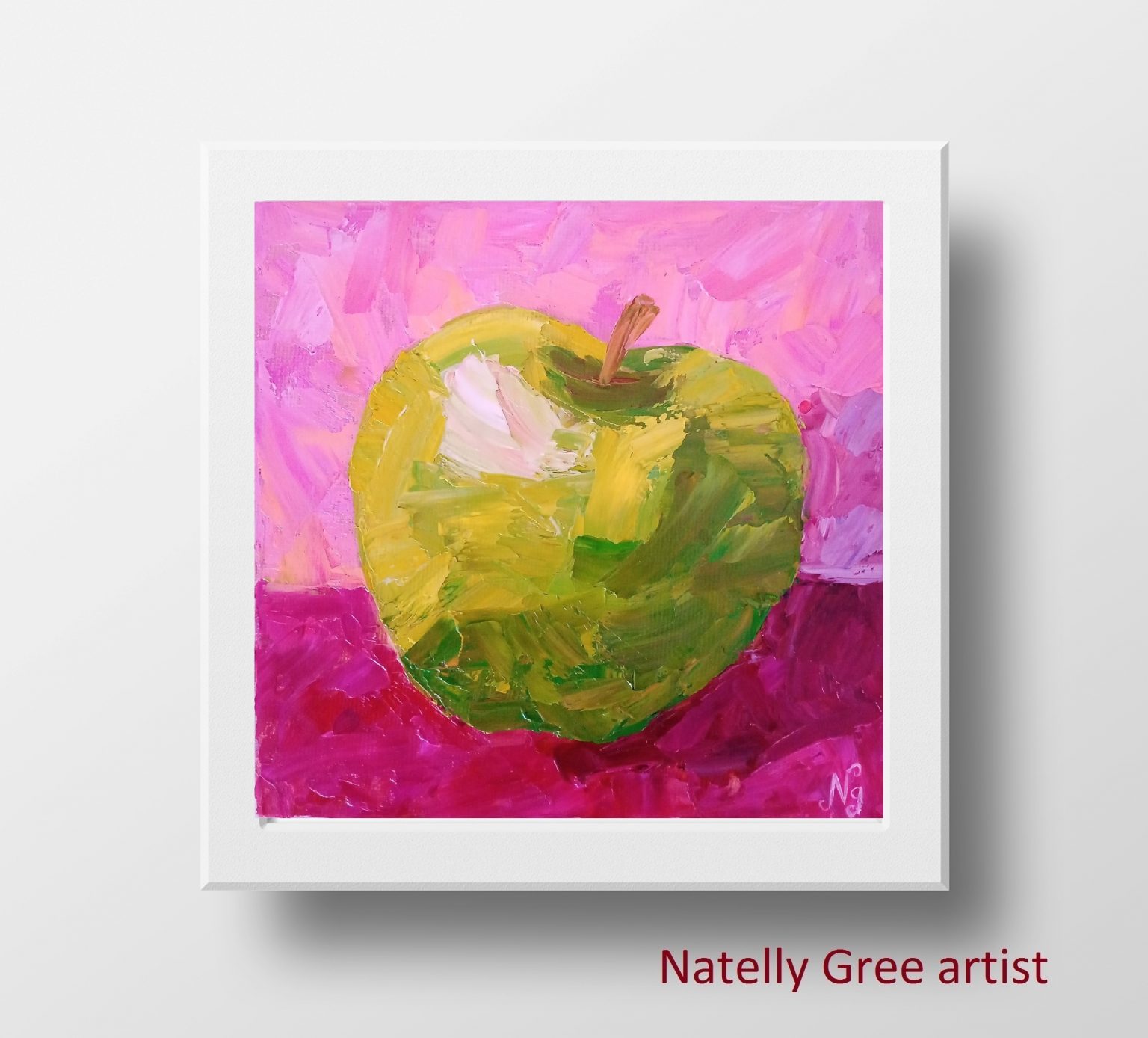 Green Apple Oil Painting Fruit Original Art Small Wall Art Canvas Textured Apple Impasto Art