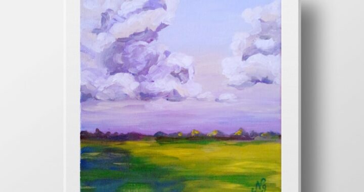 Clouds Oil Painting Small Landscape Original Art Clouds Sky Field Wall Art Canvas