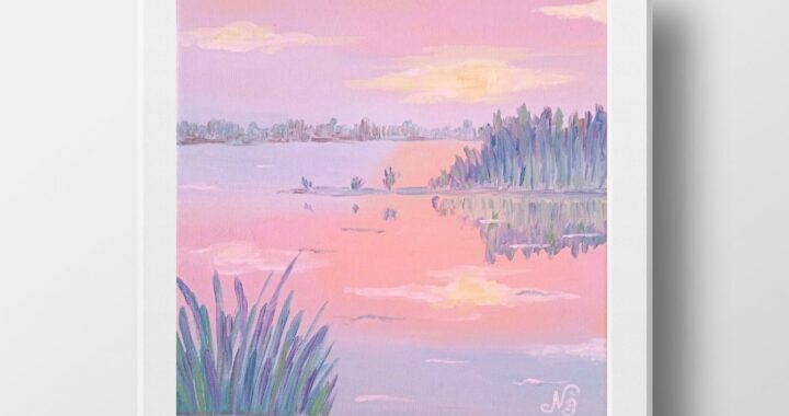 Lake Landscape Oil Painting Pink Blue Original Art Small Canvas