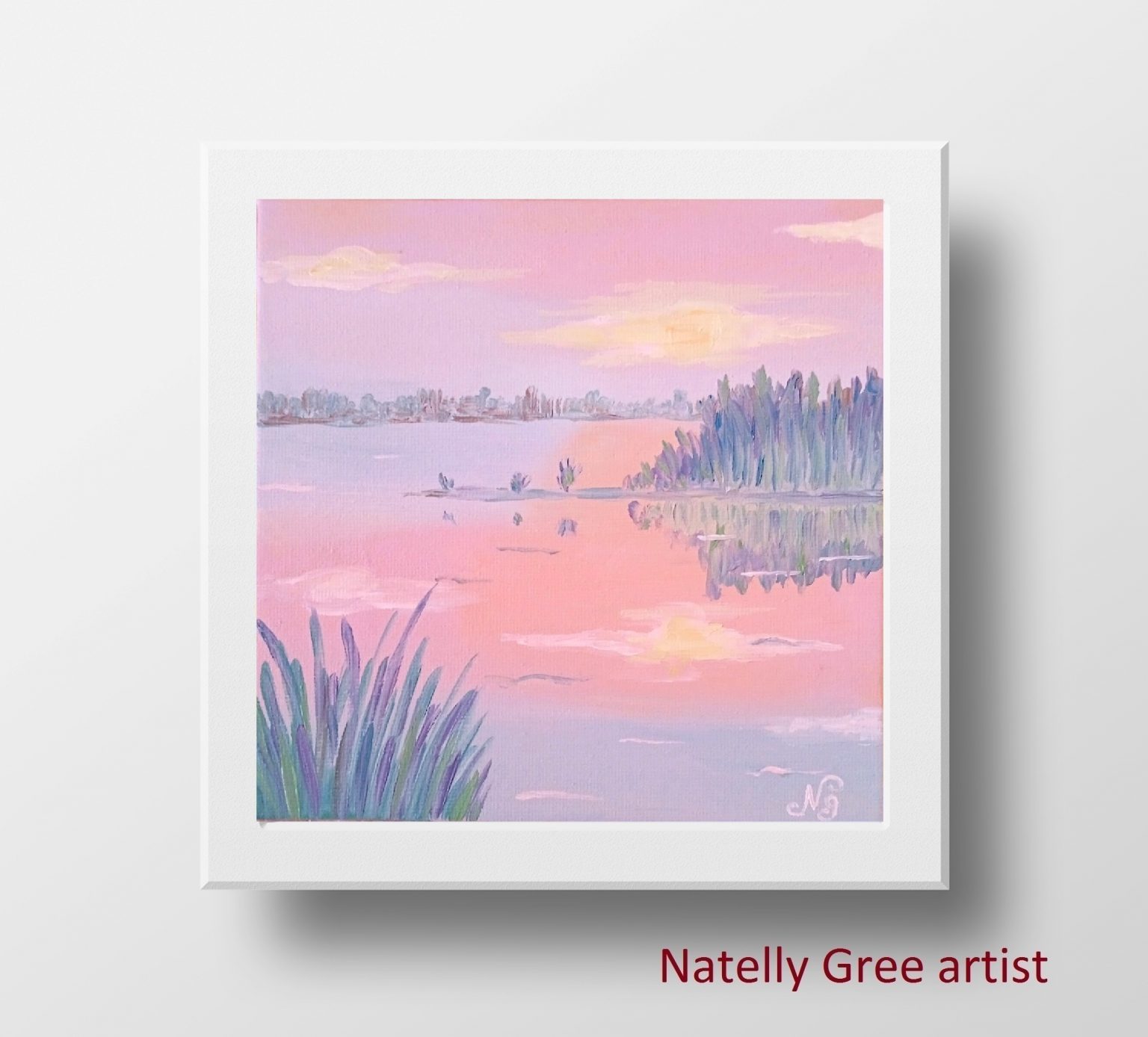 Lake Landscape Oil Painting Pink Blue Original Art Small Canvas