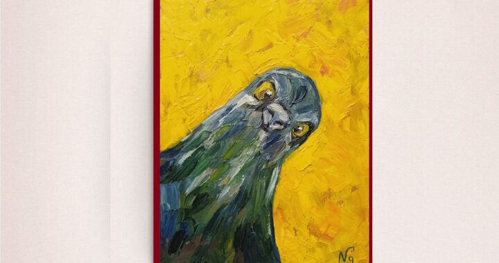 Bird Oil Painting Pigeon Original Art Little Funny Bird Portrait Impressionist Yellow Artwork