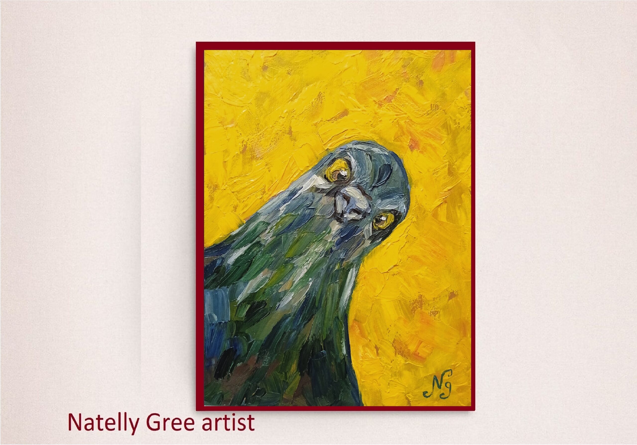 Bird Oil Painting Pigeon Original Art Little Funny Bird Portrait Impressionist Yellow Artwork