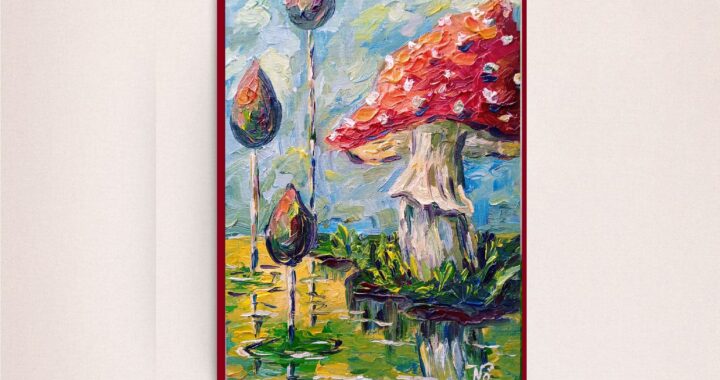 Mushroom Agaric Oil Painting Mushroom Pond Original Art Impressionist Landscape Wall Art