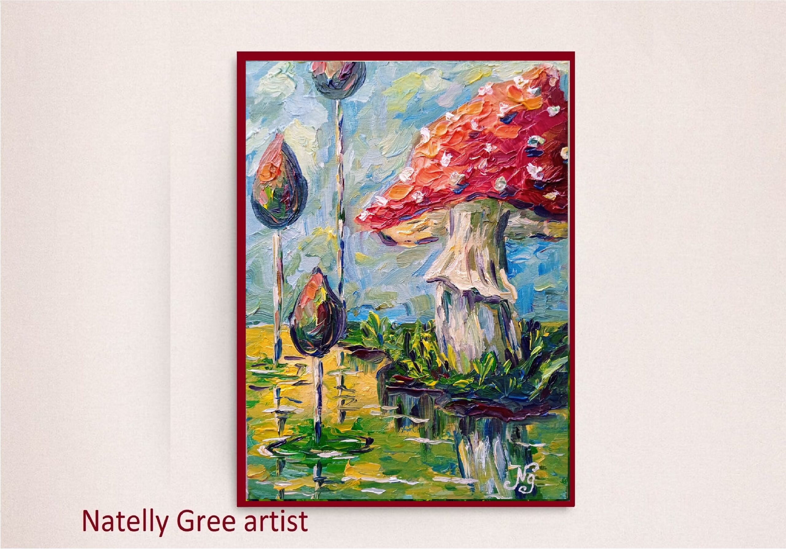 Mushroom Agaric Oil Painting Mushroom Pond Original Art Impressionist Landscape Wall Art