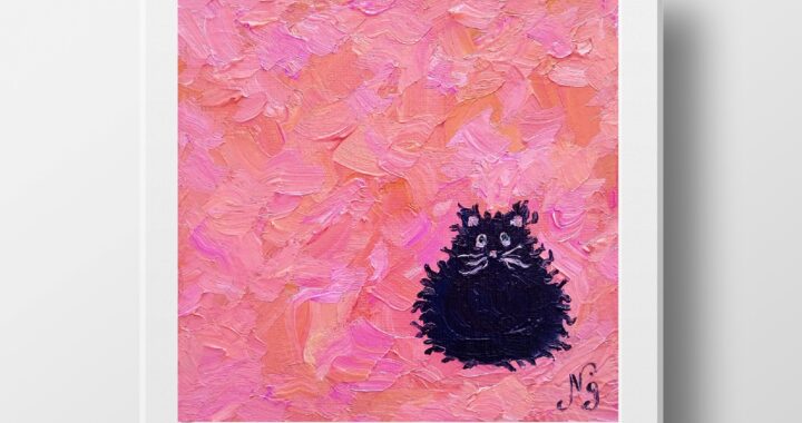 Funny Cat Oil Painting Kitty Original Artwork Small Cat Canvas Pink Impressionist Wall Decor