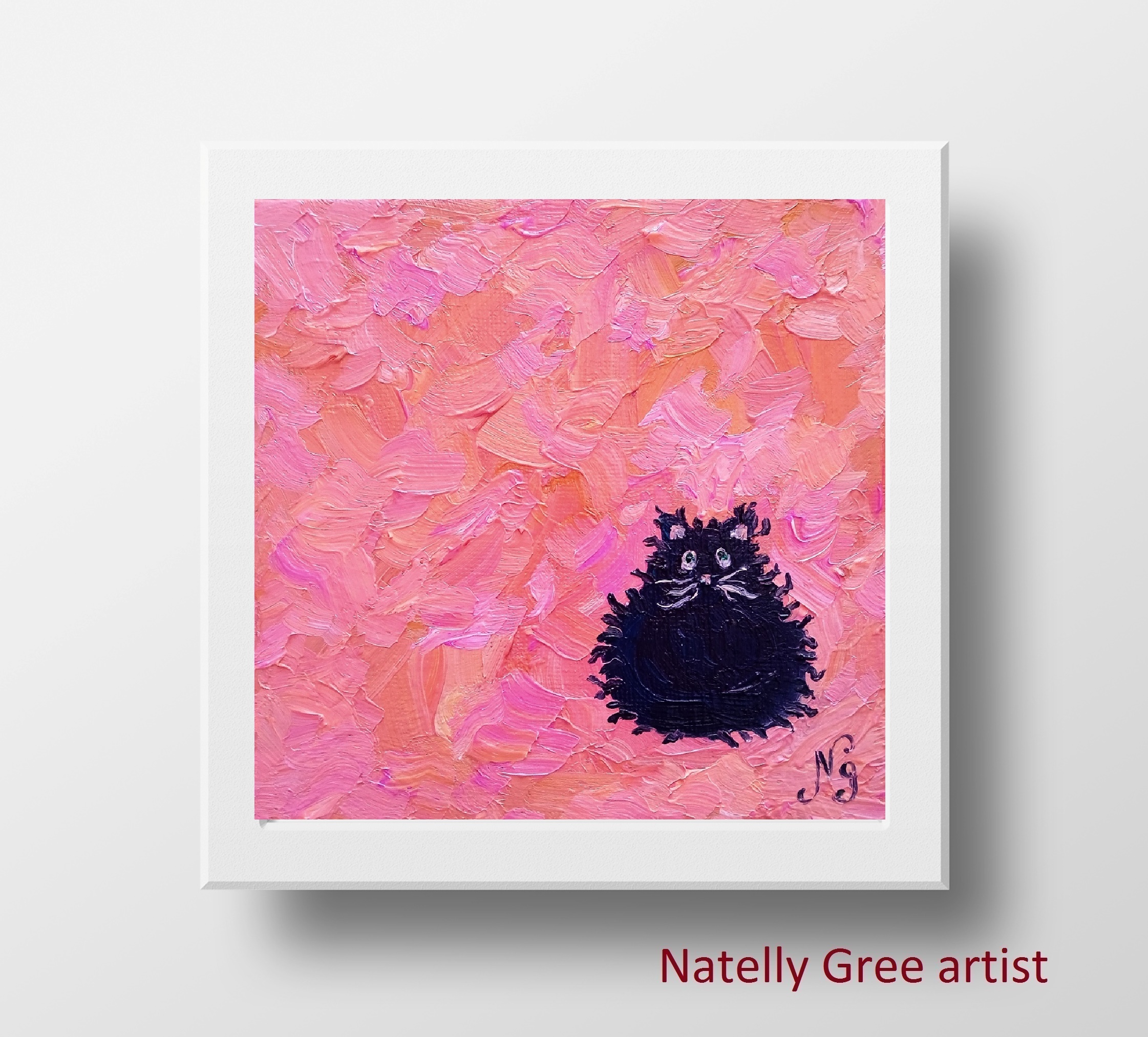 Funny Cat Oil Painting Kitty Original Artwork Small Cat Canvas Pink Impressionist Wall Decor