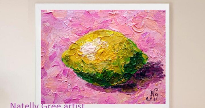 Lemon Oil Painting Fruit Original Art Still Life Lemon Pink Wall Art Impressionist Kitchen Decor