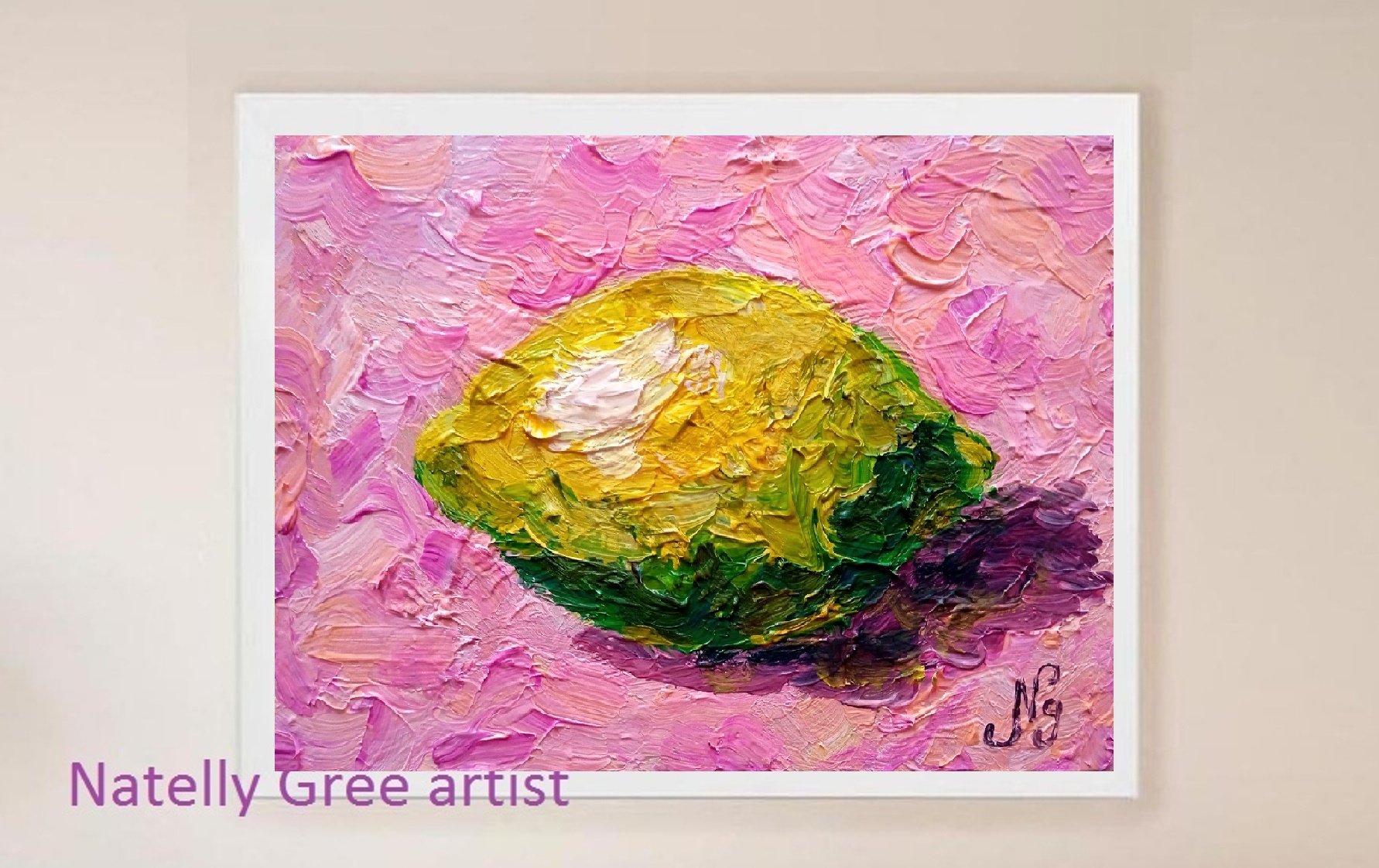 Lemon Oil Painting Fruit Original Art Still Life Lemon Pink Wall Art Impressionist Kitchen Decor