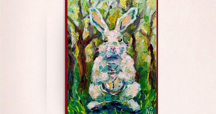 White Rabbit Oil Painting Original Animal Artwork Easter Bunny at Forest Impressionist Textured