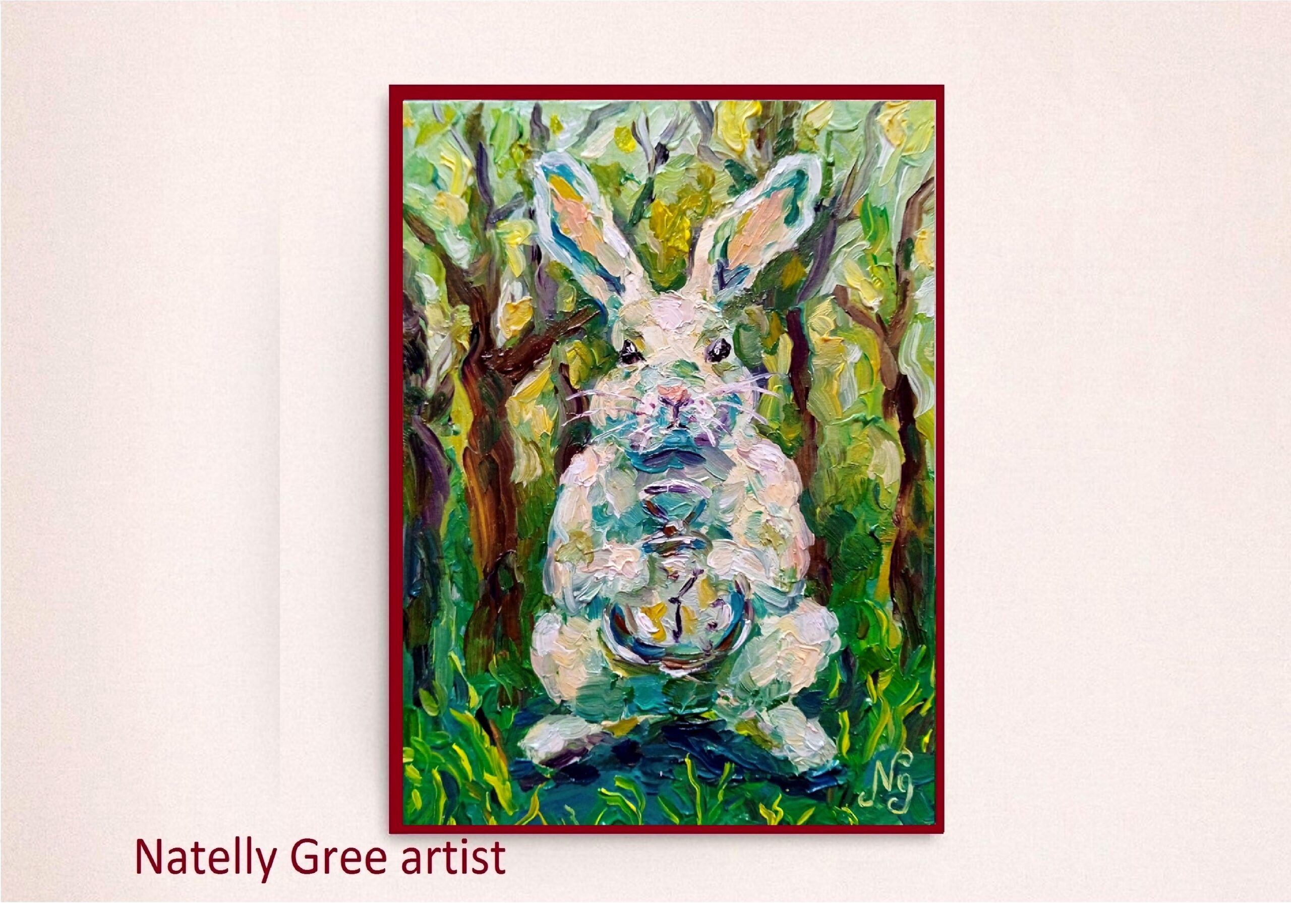 White Rabbit Painting Original Animal Artwork Easter Bunny Impressionist Wall Art Semi Abstract Pet Portrait Bunny Textured 5x7 Natelly Gree Art