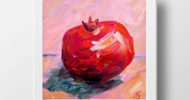 Pomegranate Oil Painting Fruit Original Artwork Canvas Wall Art Pink Minimalist Textured