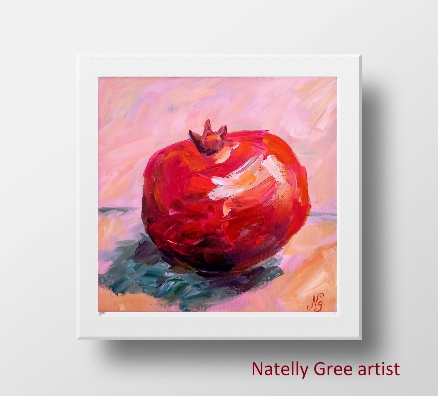 Pomegranate Oil Painting Fruit Original Artwork Canvas Wall Art Pink Minimalist Textured