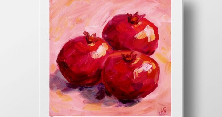 Pomegranates Oil Painting Fruit Pink Red Original Art Kitchen Wall Art Still Life Textured 