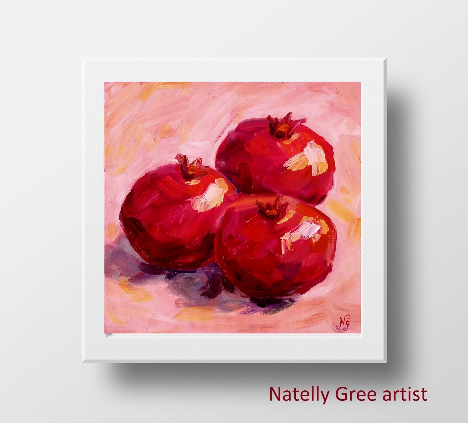 Pomegranates Oil Painting Fruit Pink Red Original Art Kitchen Wall Art Still Life Textured 