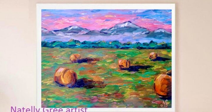 Valley Field Oil Painting Haystack Original Art Small Landscape Impressionist Mountains Art