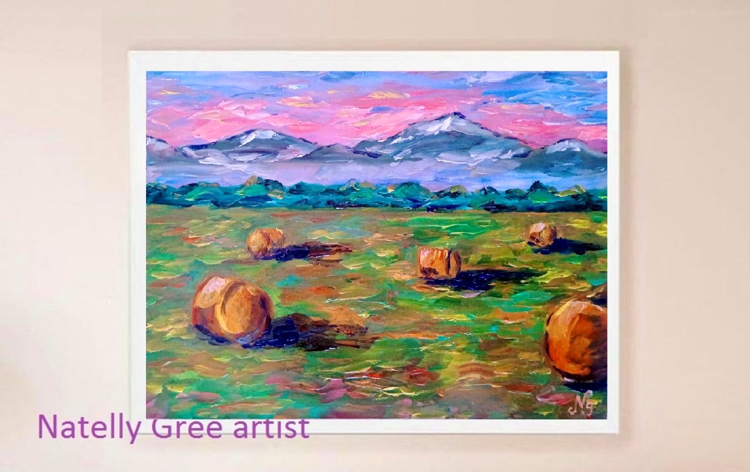 Valley Field Oil Painting Haystack Original Art Small Landscape Impressionist Mountains Art