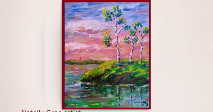 Birch Tree Oil Painting Lake Birch Original Art Small Pink Blue Landscape Impressionist Wall Art