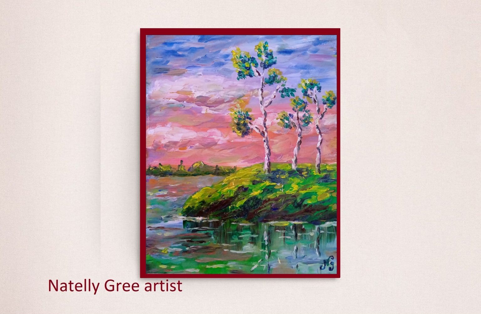 Birch Tree Oil Painting Lake Birch Original Art Small Pink Blue Landscape Impressionist Wall Art