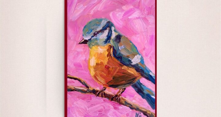 Bird Oil Painting Yellow Bird Pink Impressionist Art Small Bird Original Artwork Tiny Pet Portrait