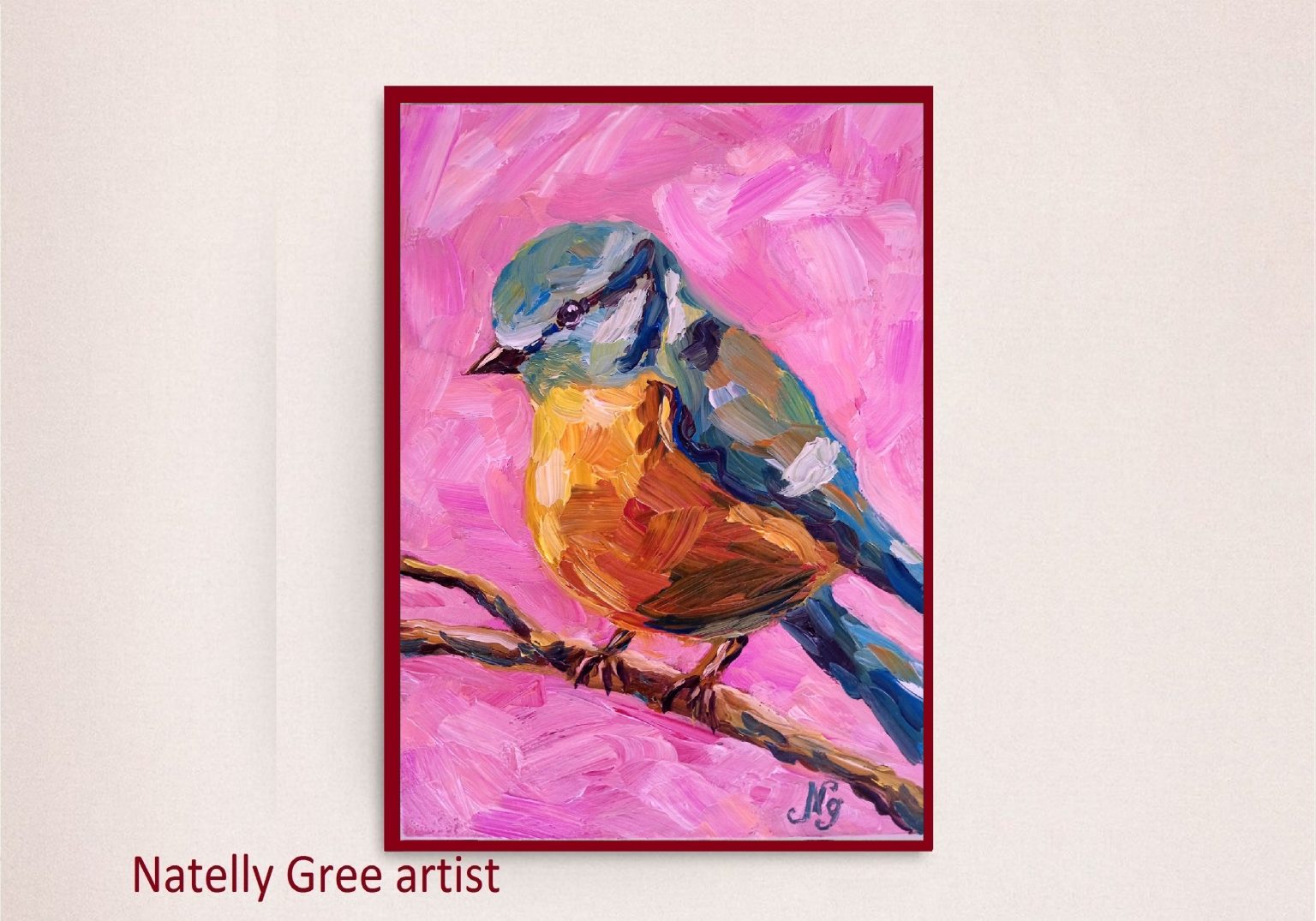 Small Bird Oil Painting Yellow Bird Pink Impressionist Art Small Bird Original Artwork Tiny