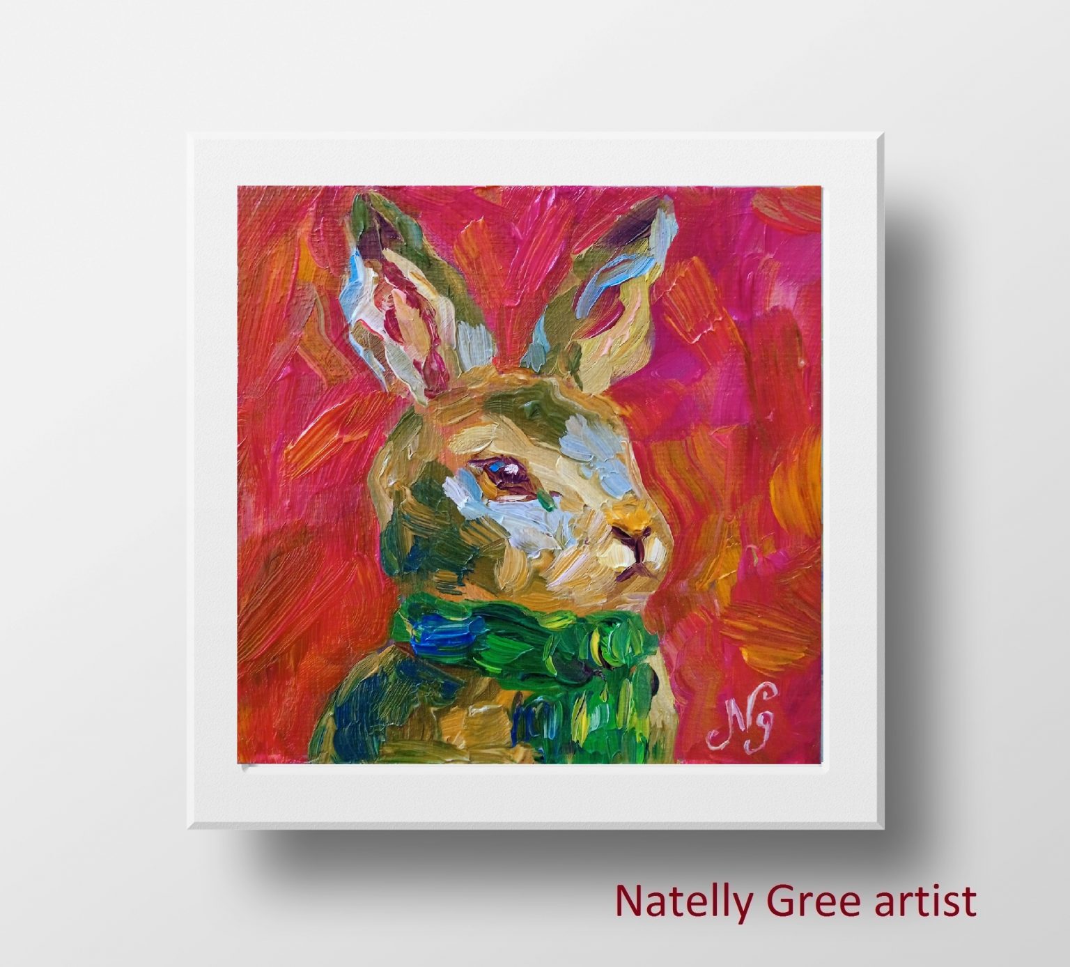 Bunny Oil Painting Canvas Rabbit on red Impressionist Art Small Pet Portrait Tiny Wall Art