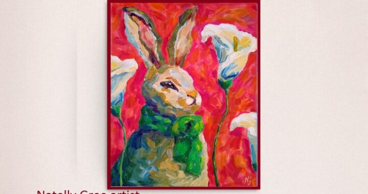 Rabbit with Flowers Oil Painting Canvas Impressionist Art Bunny Original Art Animal Wall Art