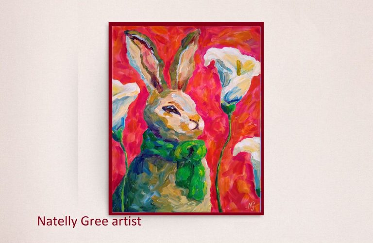 Rabbit with Flowers Oil Painting Canvas Impressionist Art Bunny Original Art Animal Wall Art