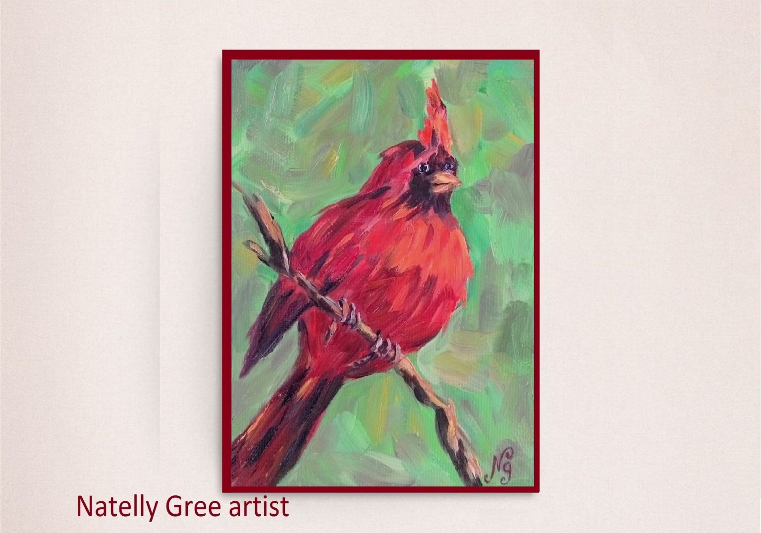 Cardinal Bird Oil Painting is an Original Wall Art Artwork is painted Oil on canvas