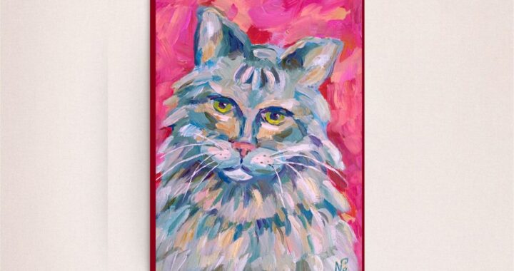 Cat Oil Painting Kitten Portrait Original Art Impressionist Kitty Pink Artwork Small Cat Portrait