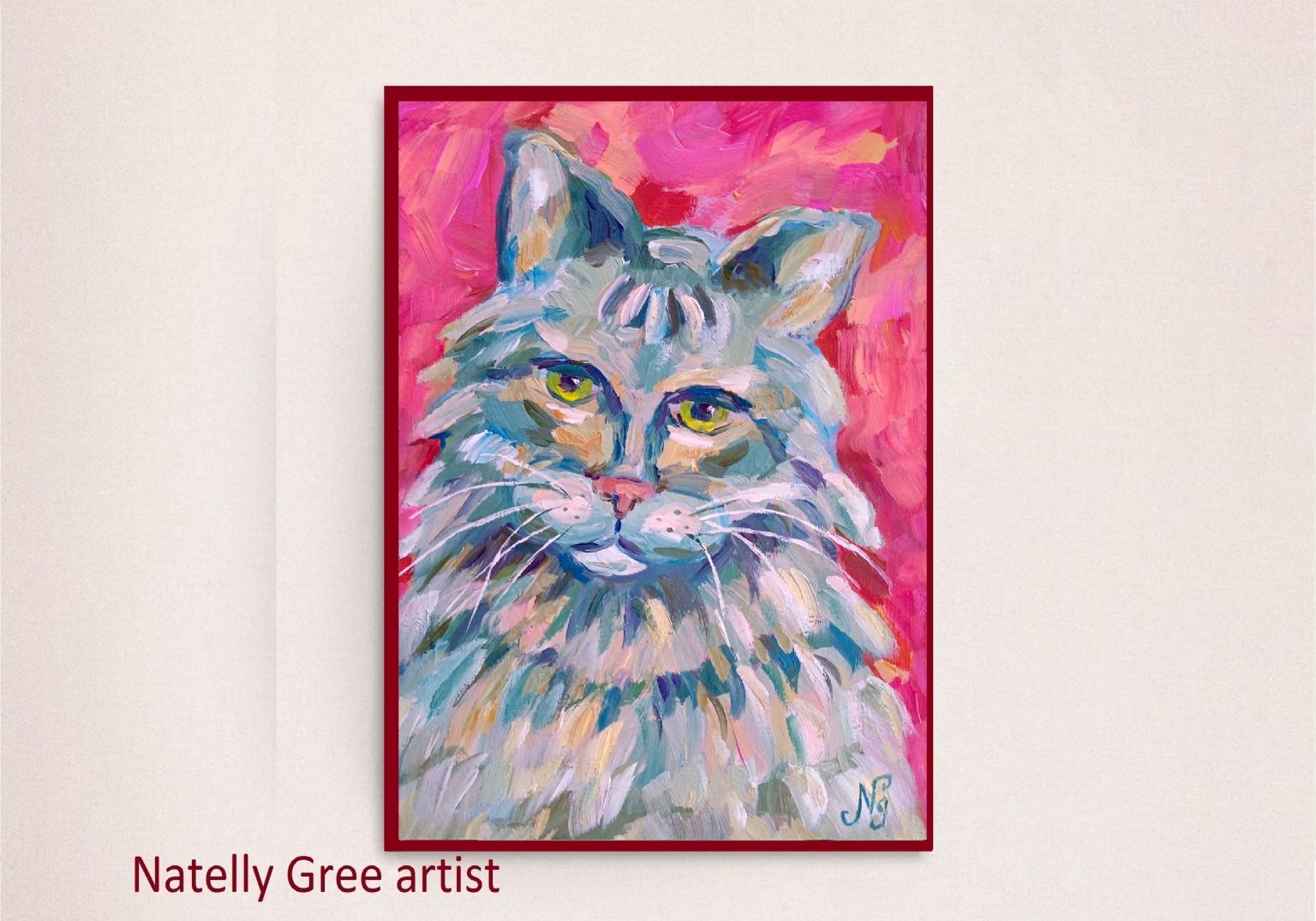 Cat Oil Painting Kitten Portrait Original Art Impressionist Kitty Pink Artwork Small Cat Portrait