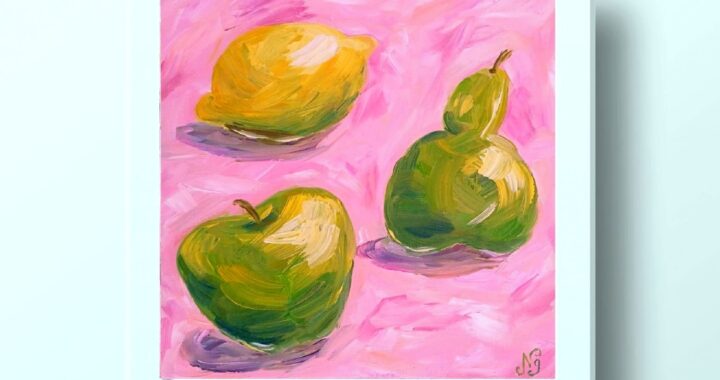 Apple Pear Lemon Oil Painting Fruit Original Art Still Life Impressionist Art Kitchen Decor