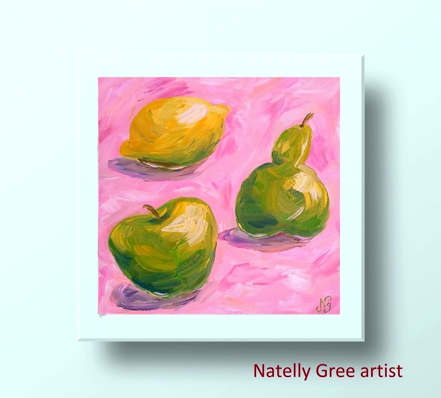 Apple Pear Lemon Oil Painting Fruit Original Art Still Life Impressionist Art Kitchen Decor
