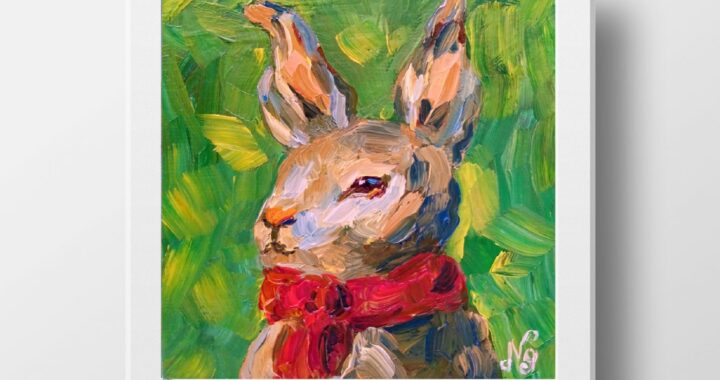 Hare Oil Painting Rabbit Impressionist Small Bunny Canvas Original Pet Tiny Green Wall Art