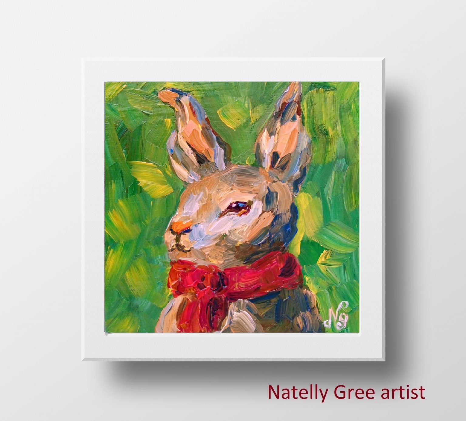 Hare Oil Painting Rabbit Impressionist Art Small Bunny Canvas Original Pet Tiny Green Wall Art