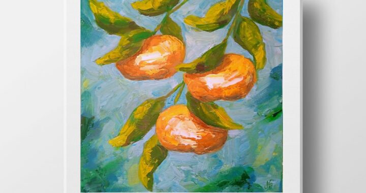 Mandarins Tree Oil Painting Fruit Original Art Tangerine Canvas Wall Art Textured