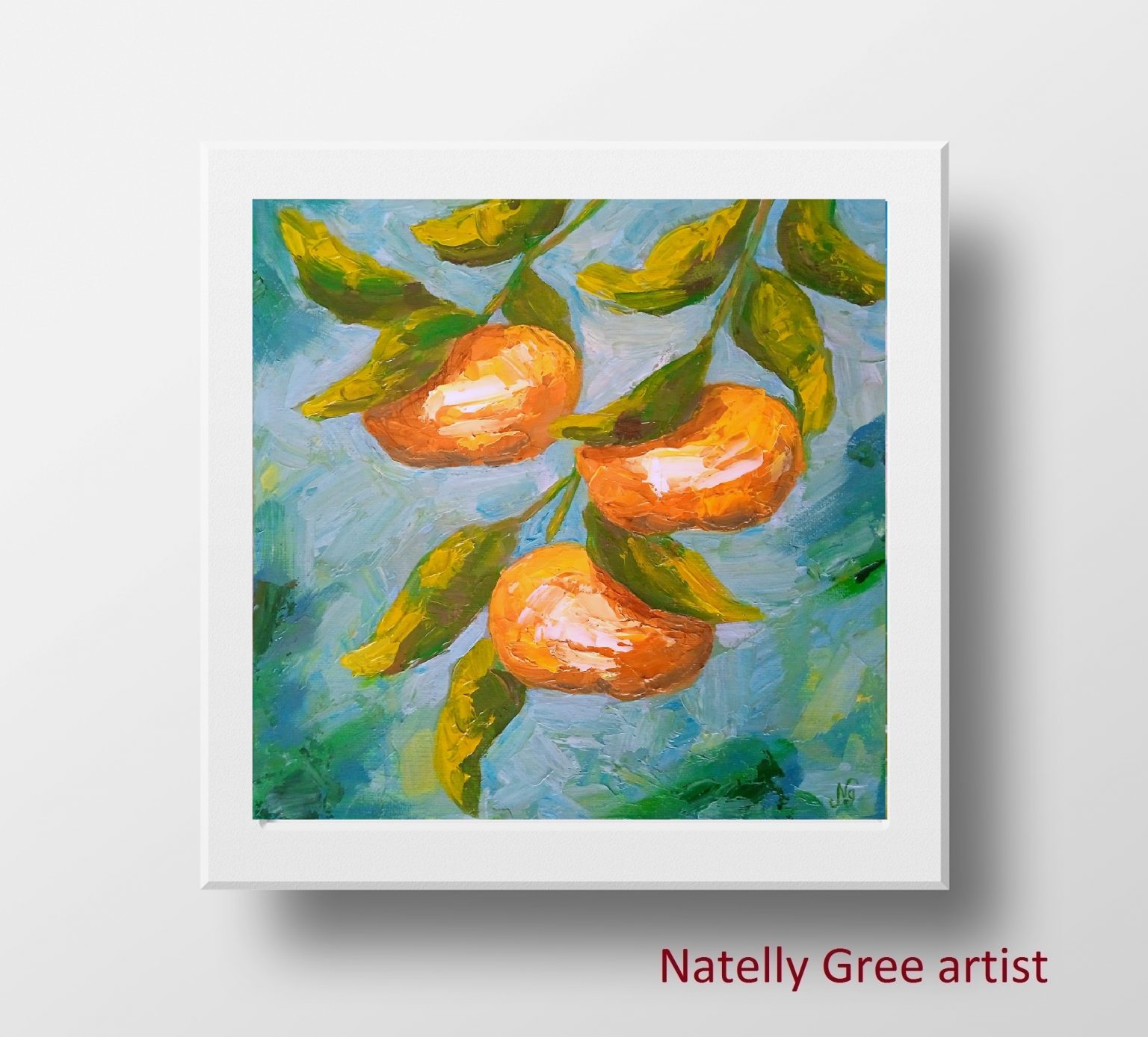 Mandarins Tree Oil Painting Fruit Original Art Tangerine Canvas Wall Art Textured