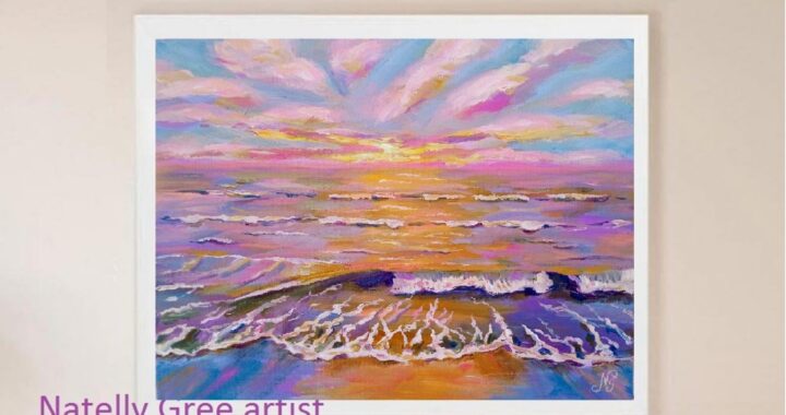 Pink Sea Oil Painting Sunrise Seascape Original Art Canvas Sea Impressionist Art