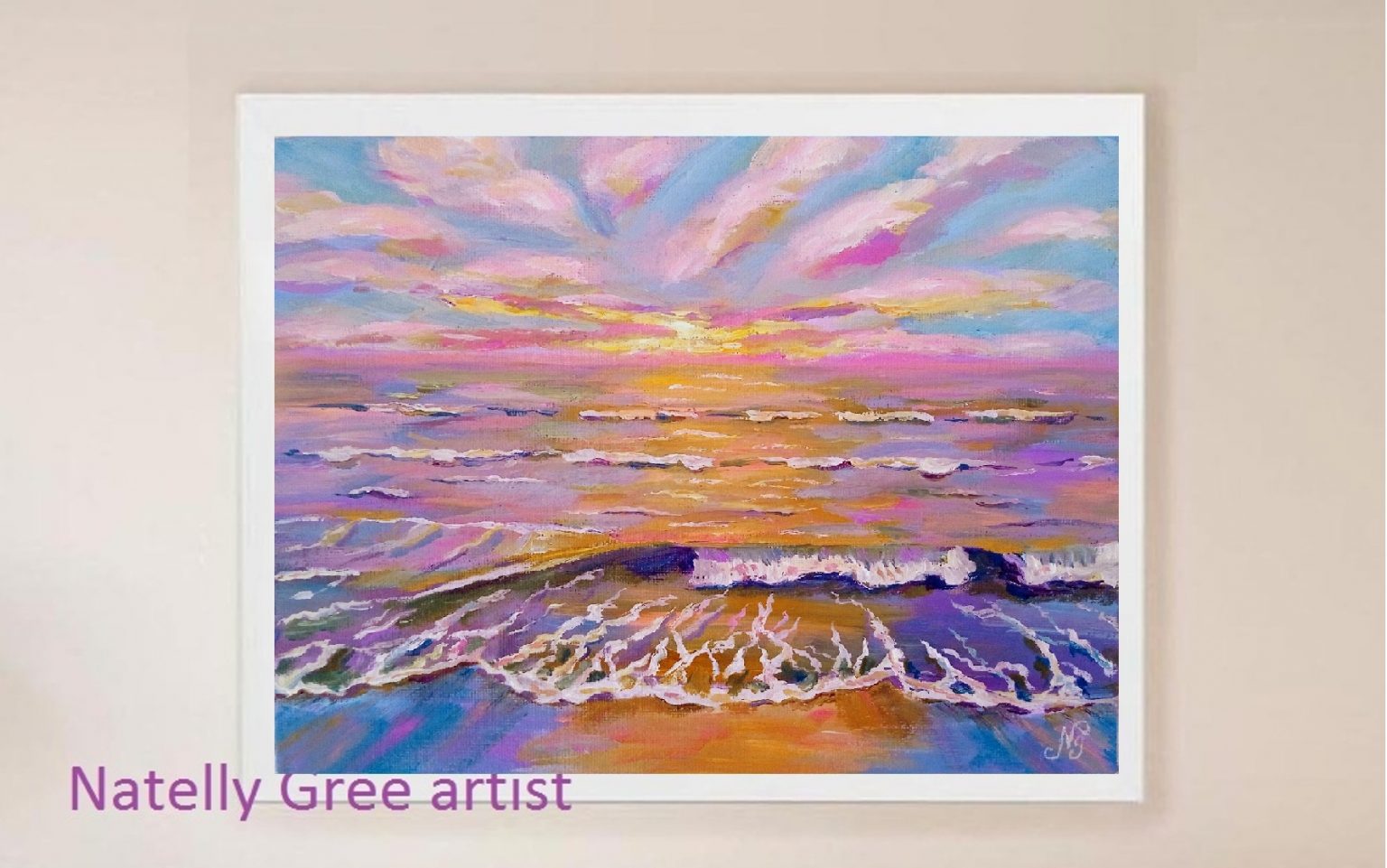 Pink Sea Oil Painting Sunrise Seascape Original Art Canvas Sea Impressionist Art