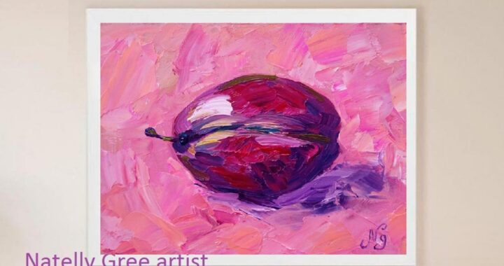 Plum Oil Painting Fruit Original Art Small Pink Wall Art Plum Minimalist Impressionist Art