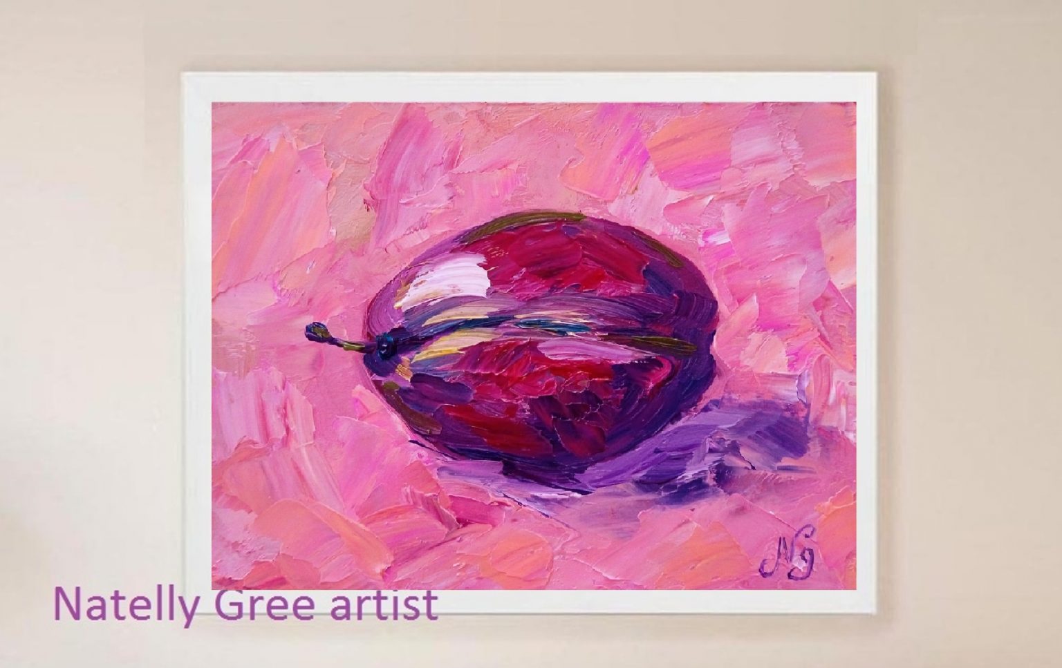 Plum Oil Painting Fruit Original Art Small Pink Wall Art Plum Minimalist Impressionist Art