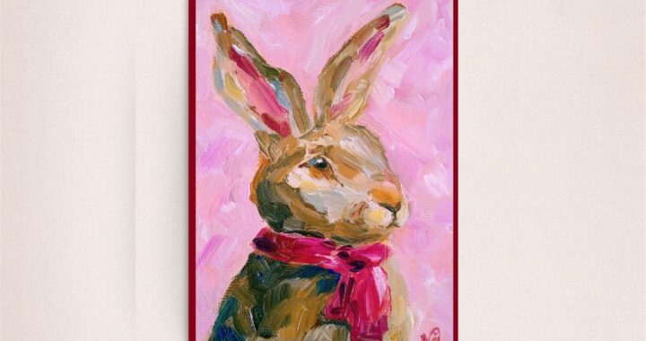 Rabbit Oil Painting Bunny on Pink Impressionist Artwork Small Canvas Animal Wall Art