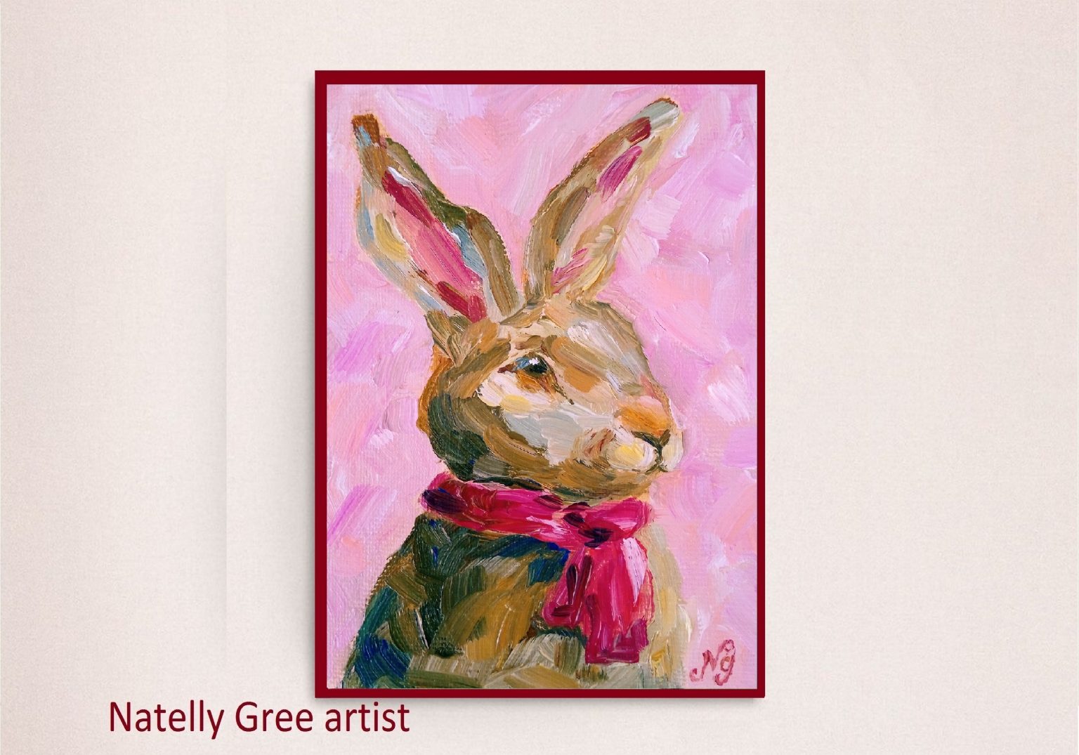 Rabbit Oil Painting Bunny on Pink Impressionist Artwork Small Canvas Animal Wall Art
