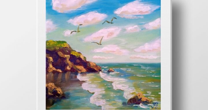 Seascape Oil Painting Sea Original Art Canvas Impressionist Wall Art Sea Birds Rocks Painting