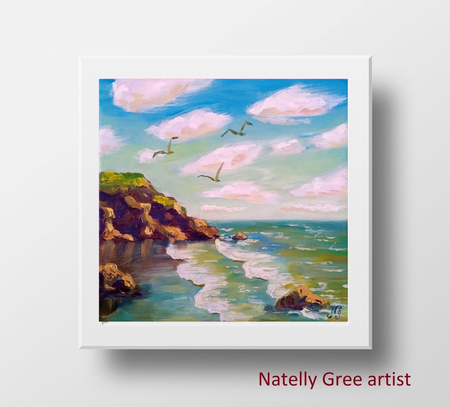 Seascape Oil Painting Sea Original Art Canvas Impressionist Wall Art Sea Birds Rocks 