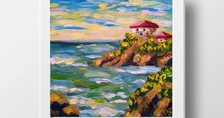 Sea Rocks Houses Oil Painting Seascape Original Art Impasto Canvas Art Sea Textured Art