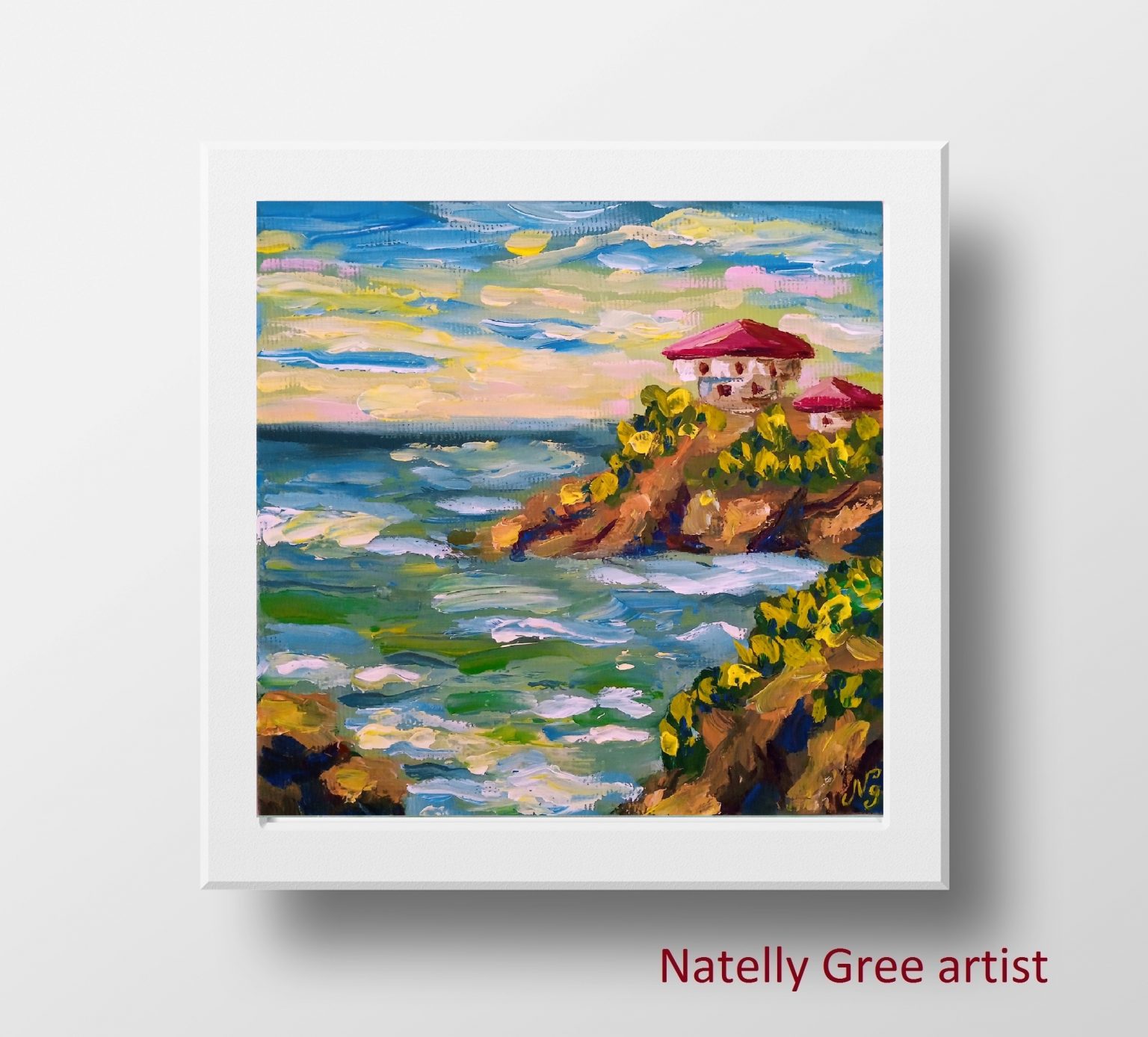 Sea Rocks Houses Oil Painting Seascape Original Art Impasto Canvas Art Sea Textured Art