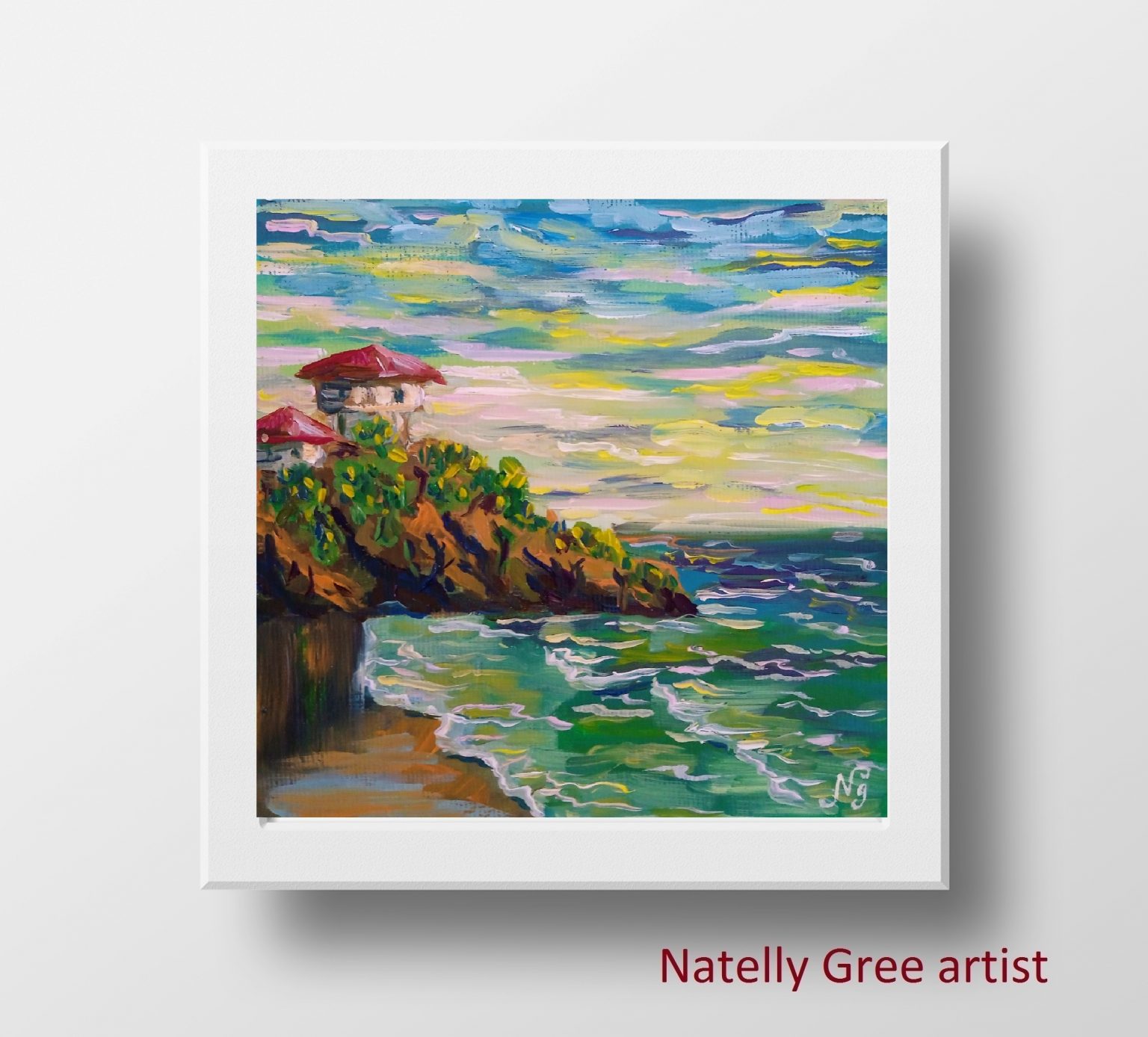Sea Rocks Oil Painting Small Seascape Original Art Impasto Textured Canvas Wall Art